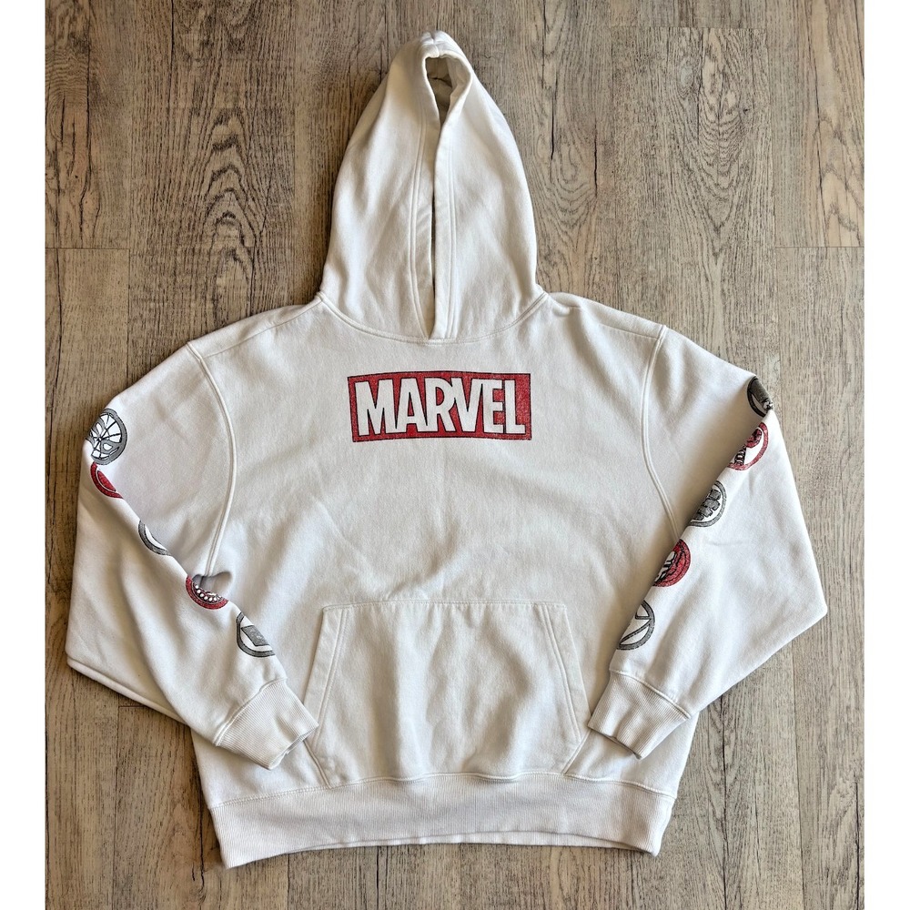 Marvel Hoodie Unisex Adult Medium w Character Logos White Sweatshirt‎ Pocket